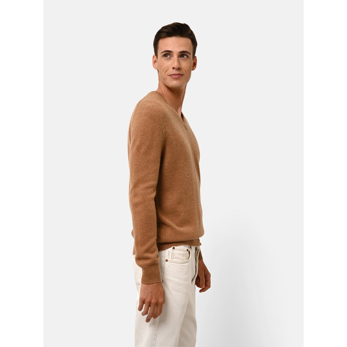Pull Col V 4 Fils Noisette Nathan marron clair, JUST CASHMERE