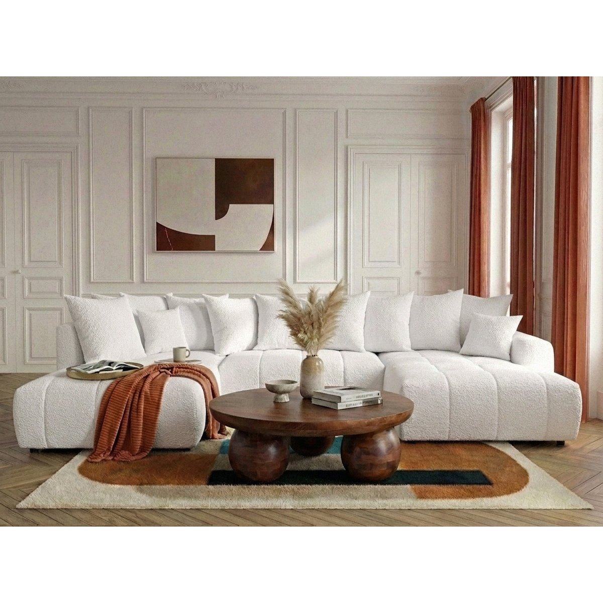 Canapé panoramique convertible 6 places en tissu bouclette, ROXELANE blanc, BOBOCHIC