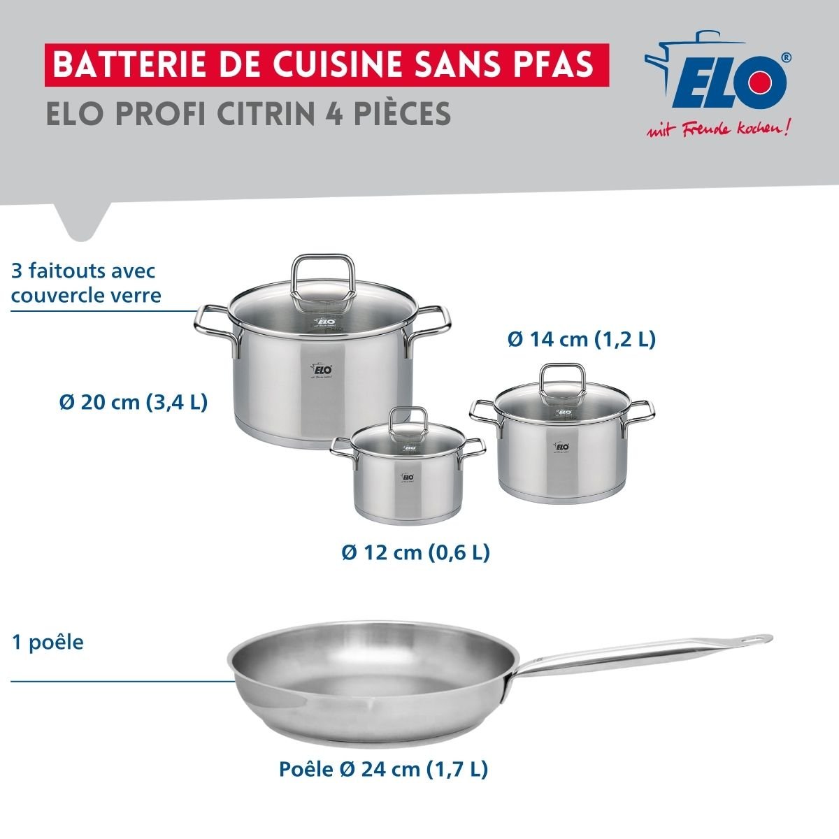 Batterie 1 poêle 24cm + 3 faitouts 12/14/20cm PROFI CITRIN gris, ELO