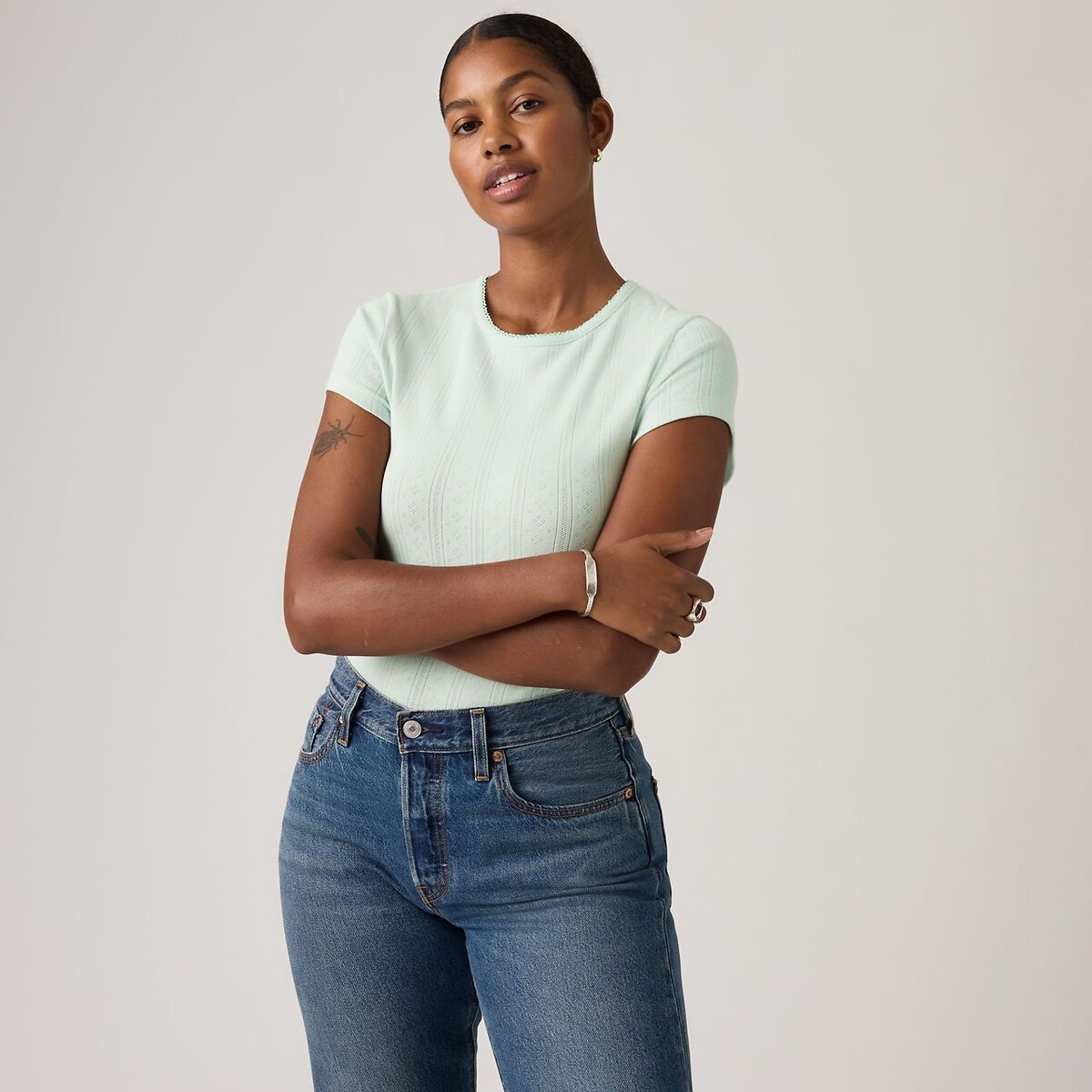 T-shirt ronde hals korte pointelle mouwen lichtblauw, LEVI'S