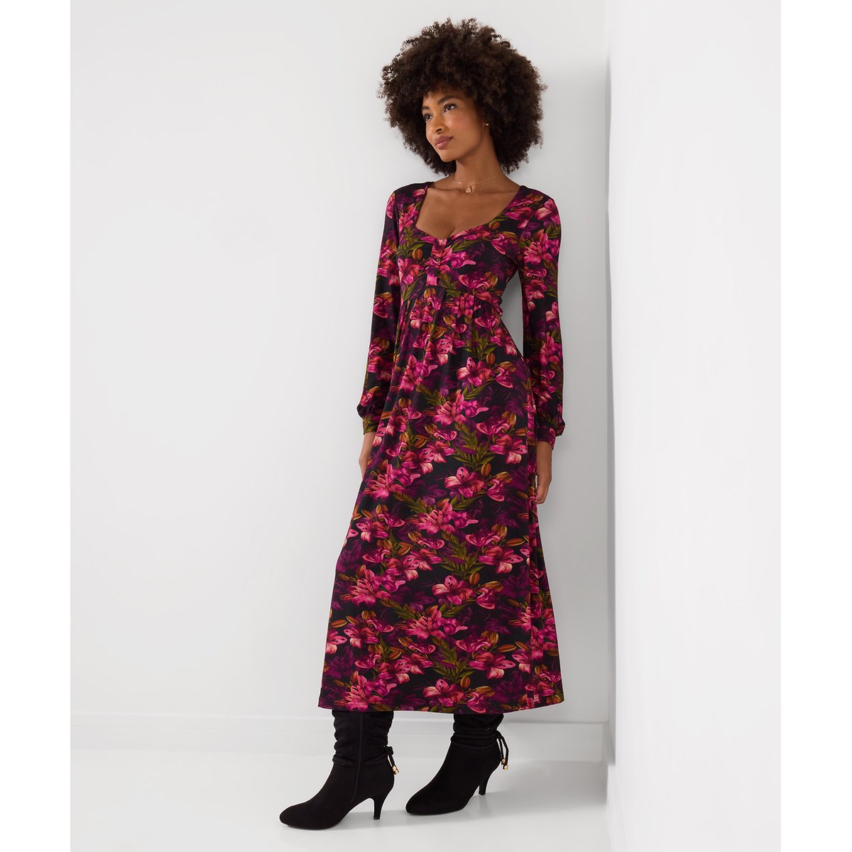 Robe Mi-Longue en Jersey à Manches Longues Imprimé Lys rose, JOE BROWNS
