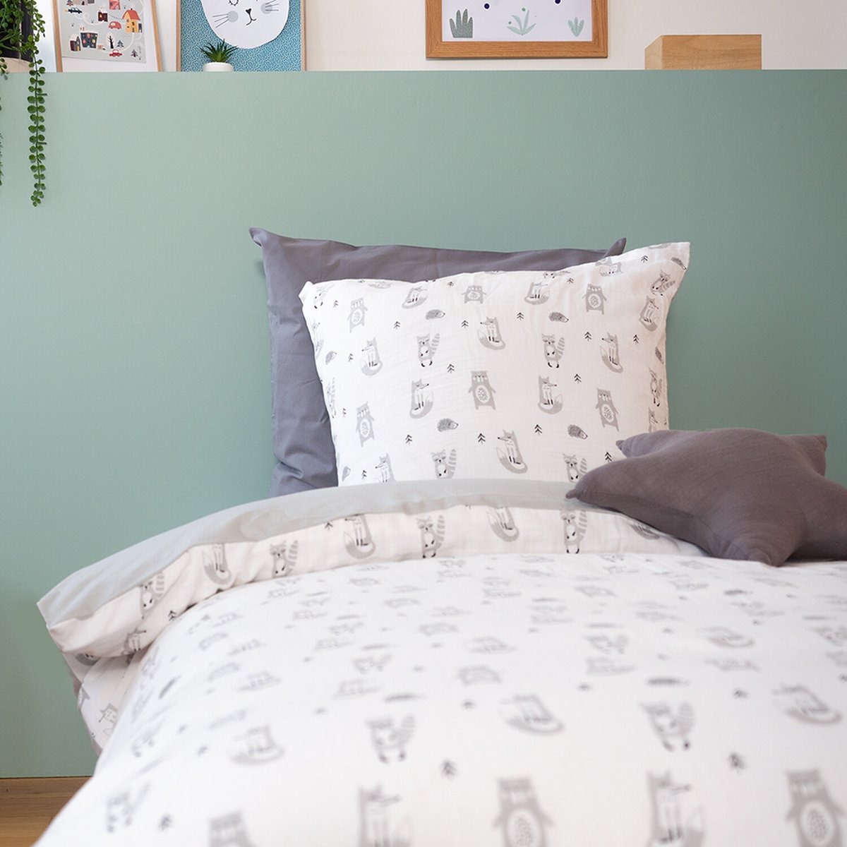 Parure de lit enfant + taie en gaze de coton, Foret gris, C DESIGN HOME TEXTILE