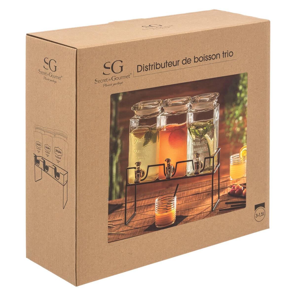 Lot de 3 distributeurs de boisson 1,5 L avec support MODERN WOOD transparent, SECRET DE GOURMET