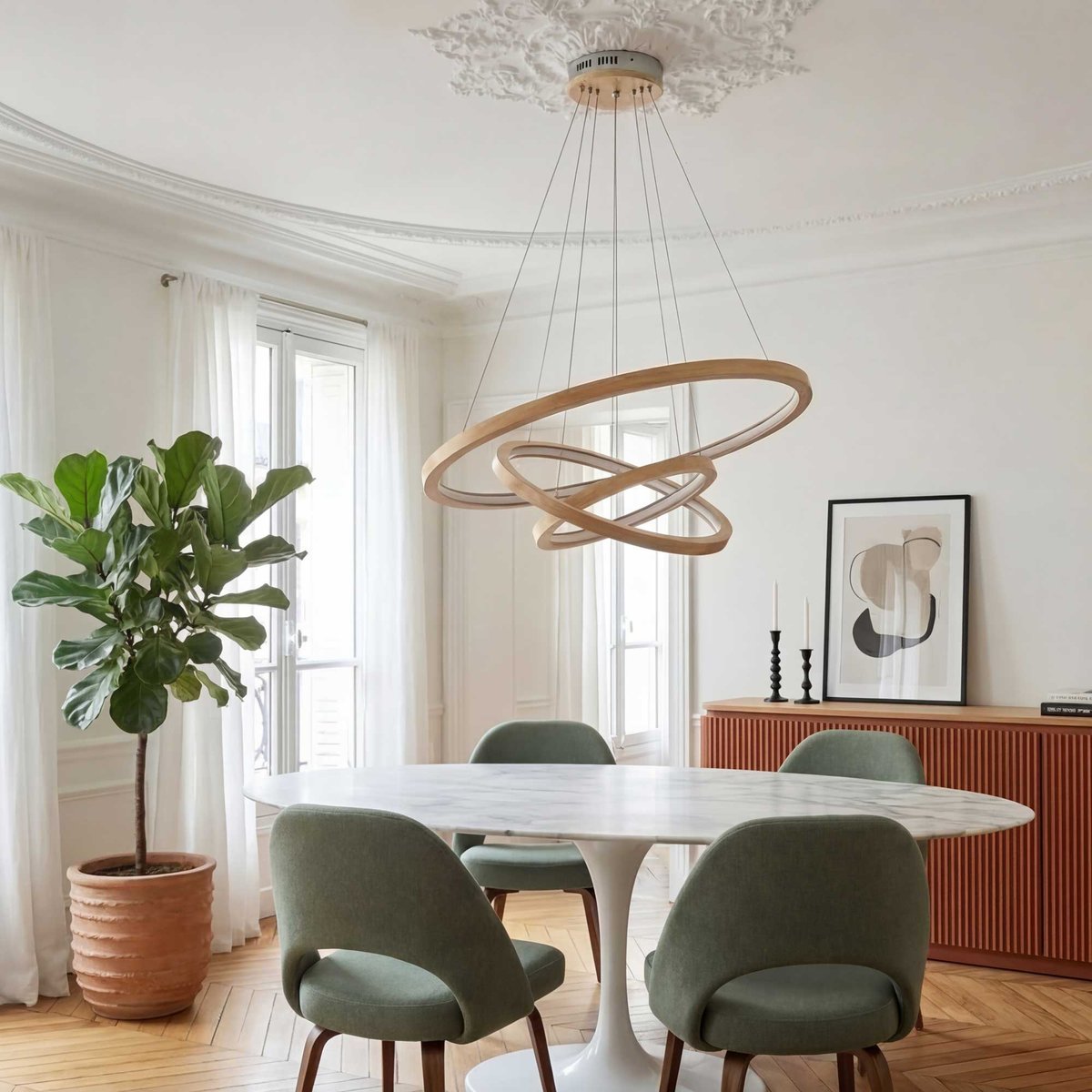 Suspension LED dimmable trois anneaux en bois d'Hévéa, CECLON naturel, C-CREATION