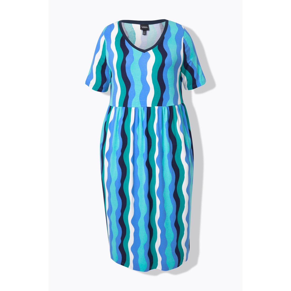 Robe midi, motif vagues. Manches courtes aqua foncé, ULLA POPKEN