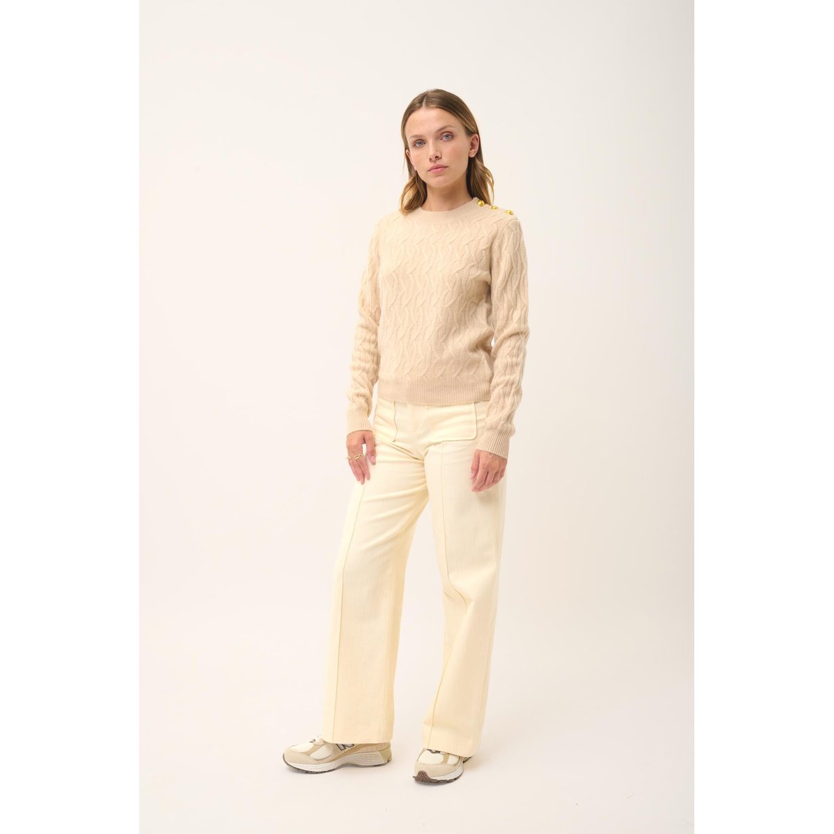 Pull Col Rond Marin 4 Fils Sable Lynd beige, JUST CASHMERE