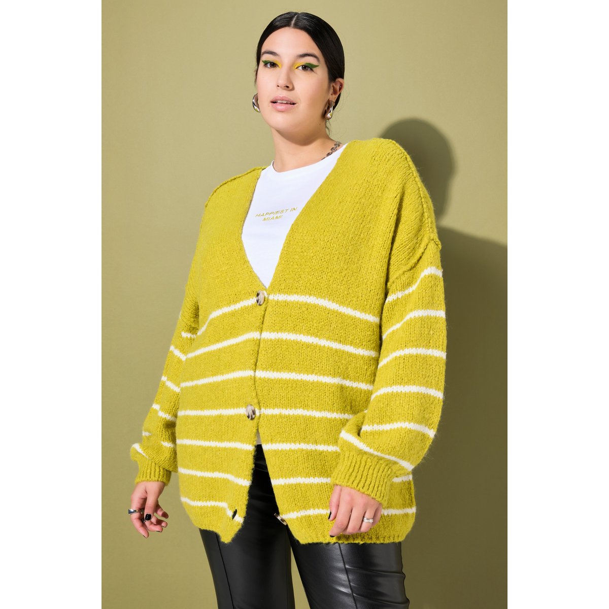 Cardigan oversize, rayures esprit marinière jaune vert, STUDIO UNTOLD