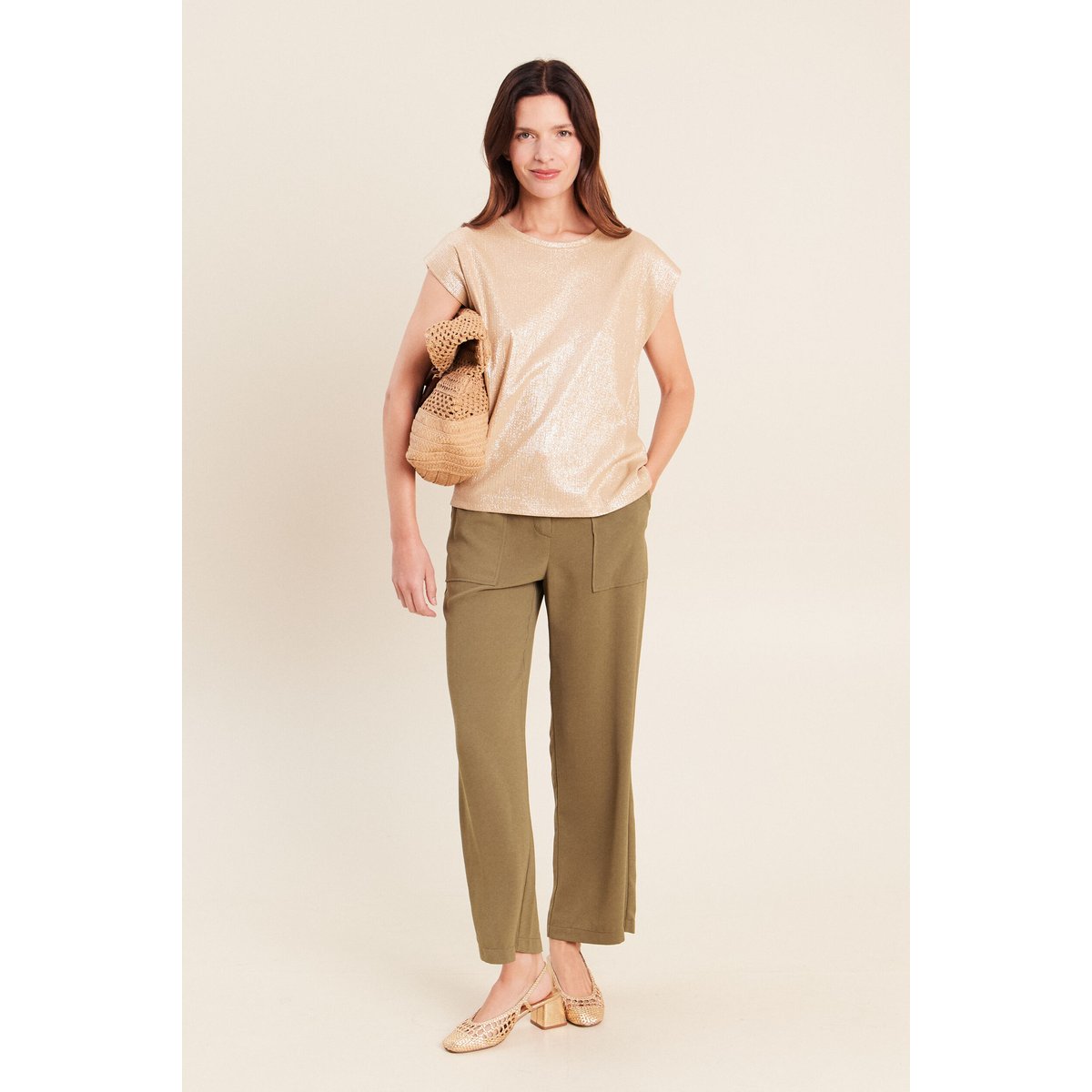 T-shirt col rond sans manches beige, BREAL