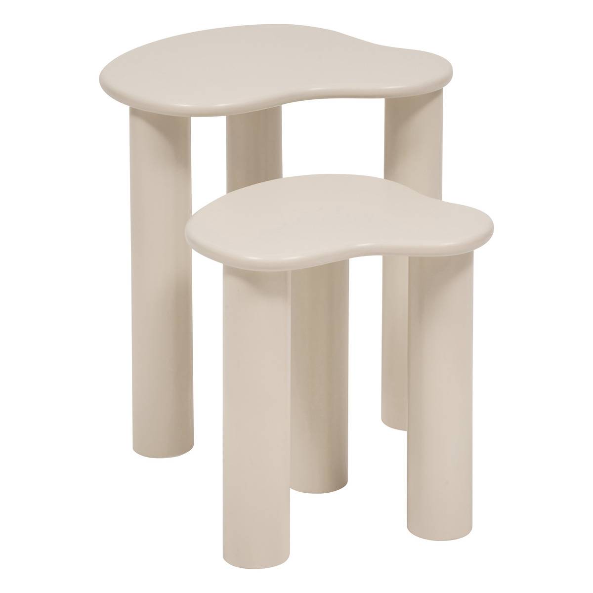 Lot de 2 tables basses gigognes organiques en bois de pin OLAO ivoire, ATMOSPHERA