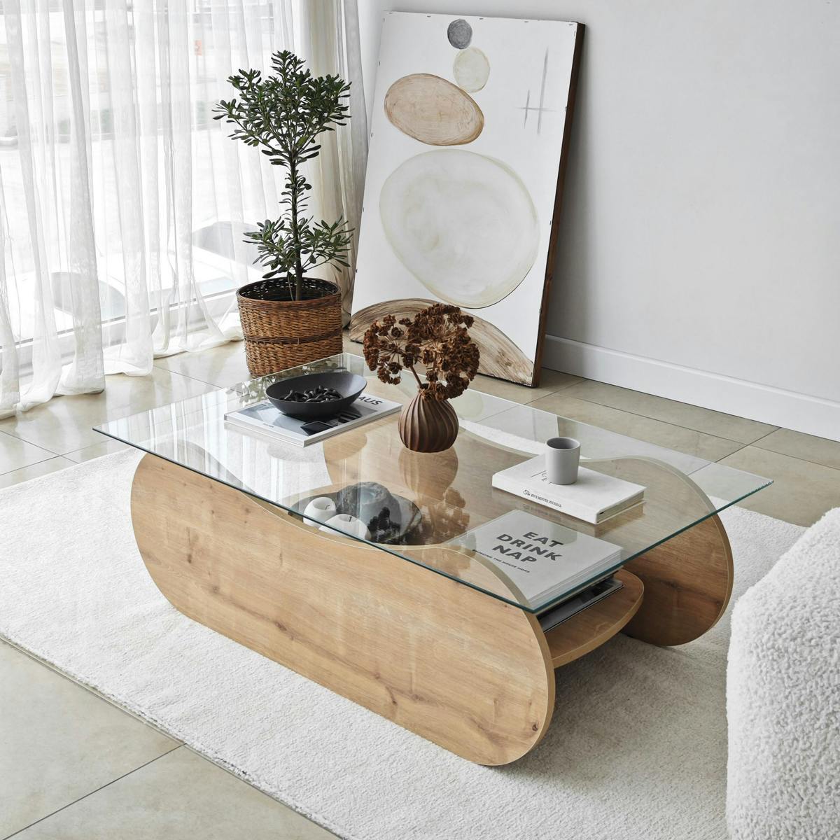 Table basse base luge - plateau verre SALTA chêne, PIER IMPORT