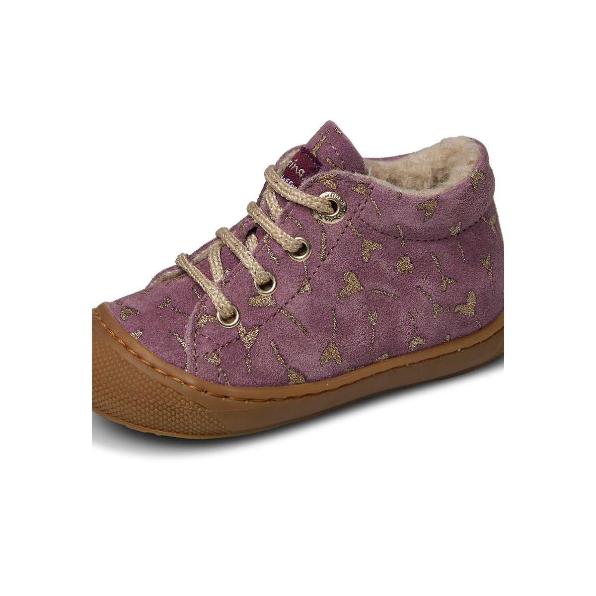 Chaussures premiers pas en suède avec cœurs pailletés COCOON violet, NATURINO