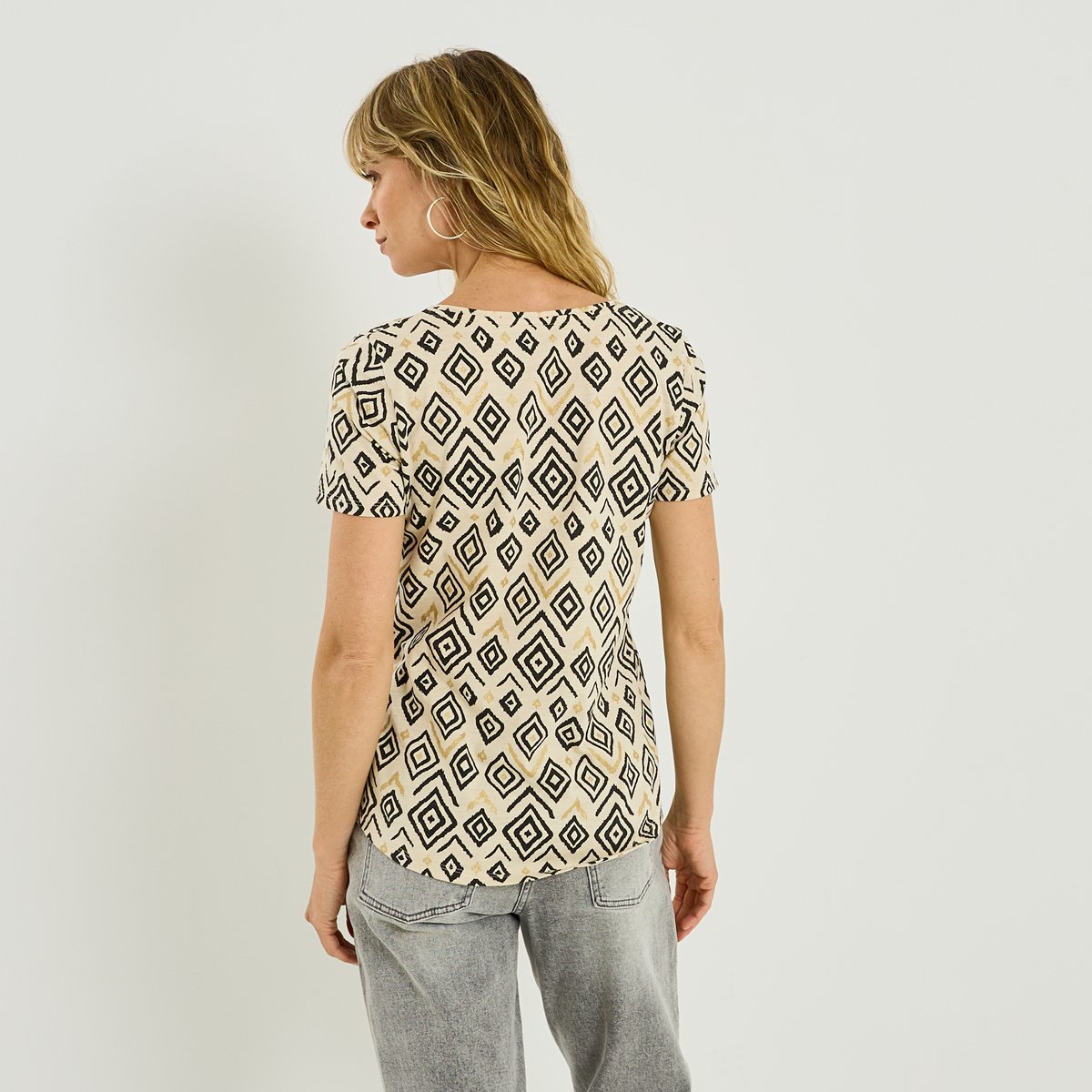 T-shirt col V imprimé géométrique blanc cassé ecru, GRAIN DE MALICE
