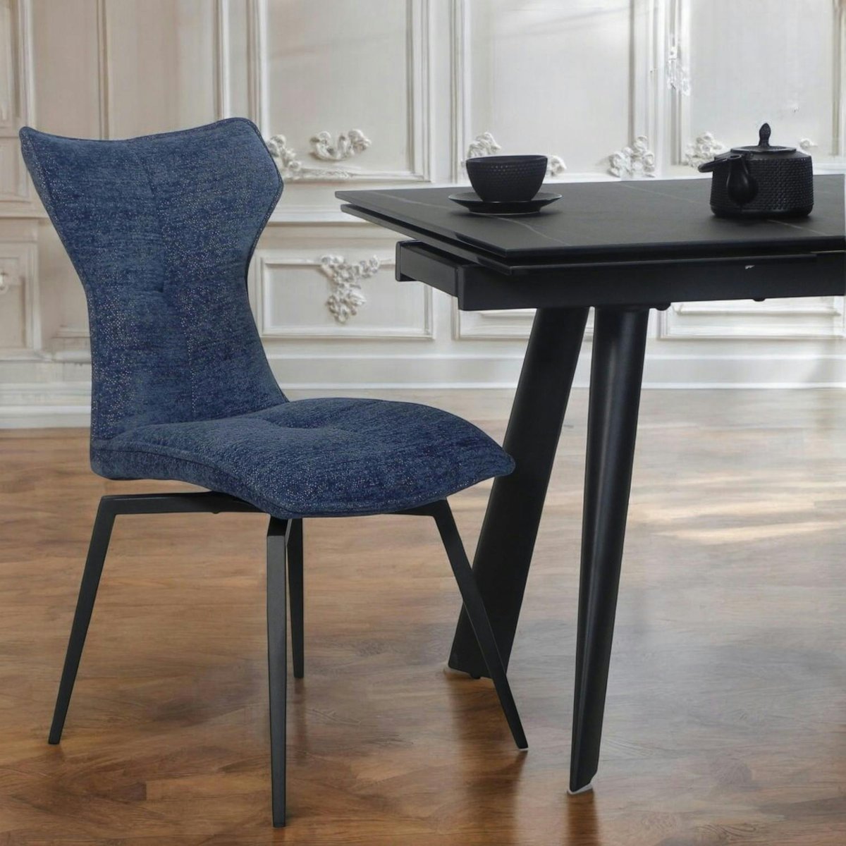 Chaise bleue pivotante en velours avec passepoil (lot de 2) LOMBARDIE bleu, PIER IMPORT