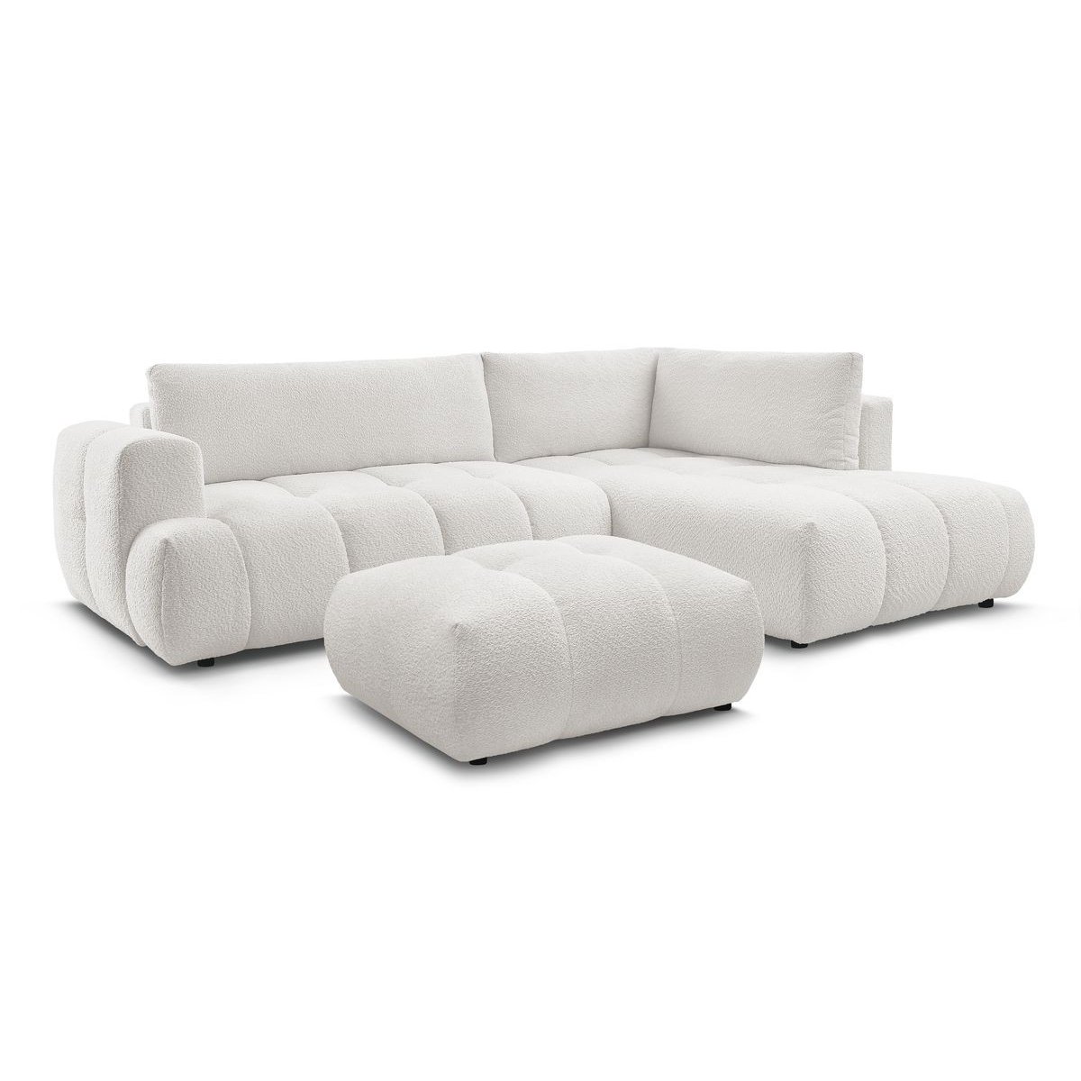 Canapé d'angle convertible 4 places en tissu bouclette avec pouf, FUJI blanc, BOBOCHIC