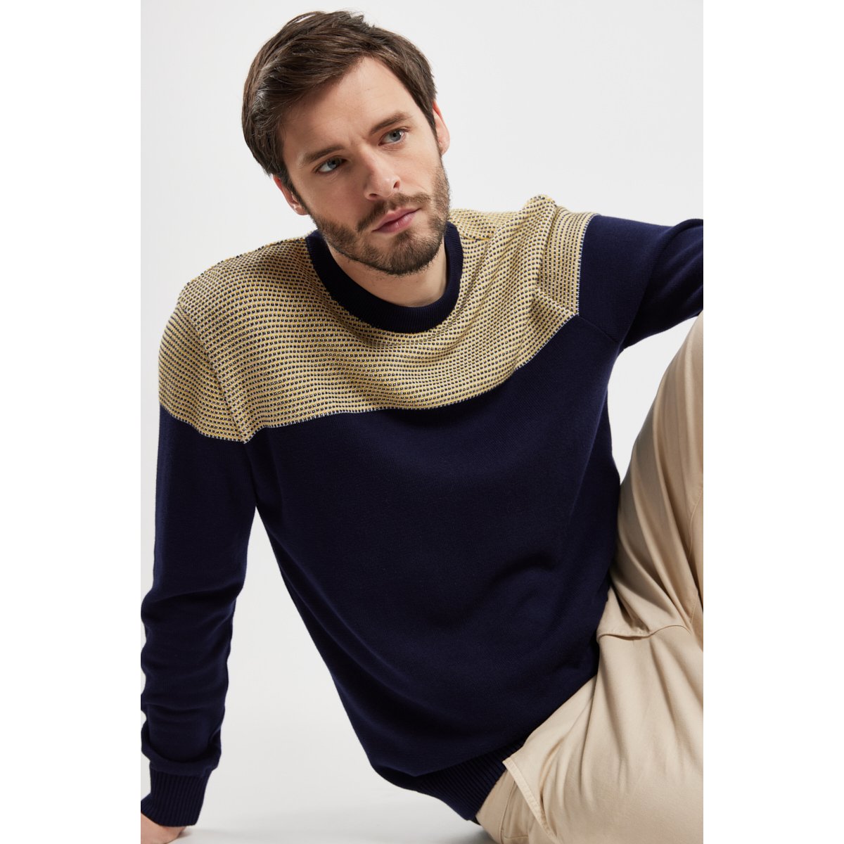 Pull avec coudières en coton marine deep/blanc/samoan s, ARMOR-LUX