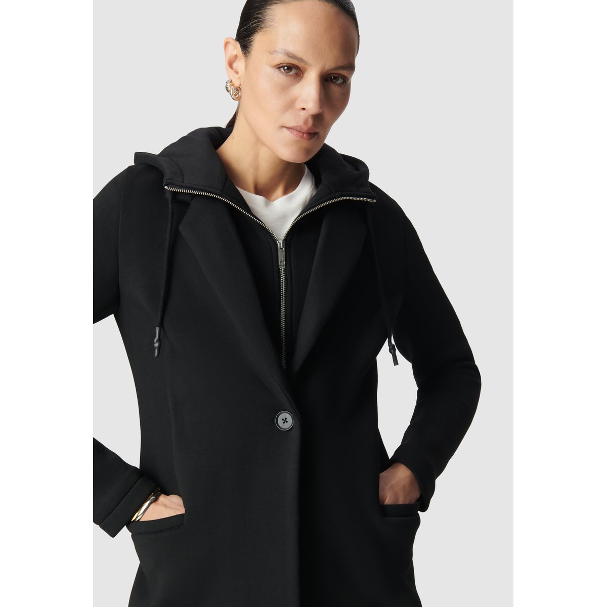 Manteau mi-long en néoprène capuche amovible noir, IKKS