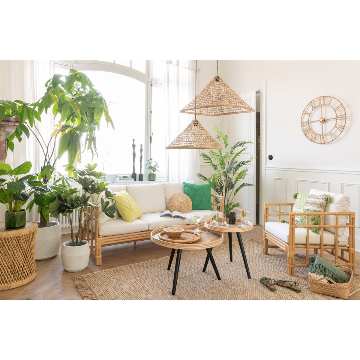 Fauteuil en rotin avec coussin pour salon naturel rotin et blanc cassé, RECOLLECTION
