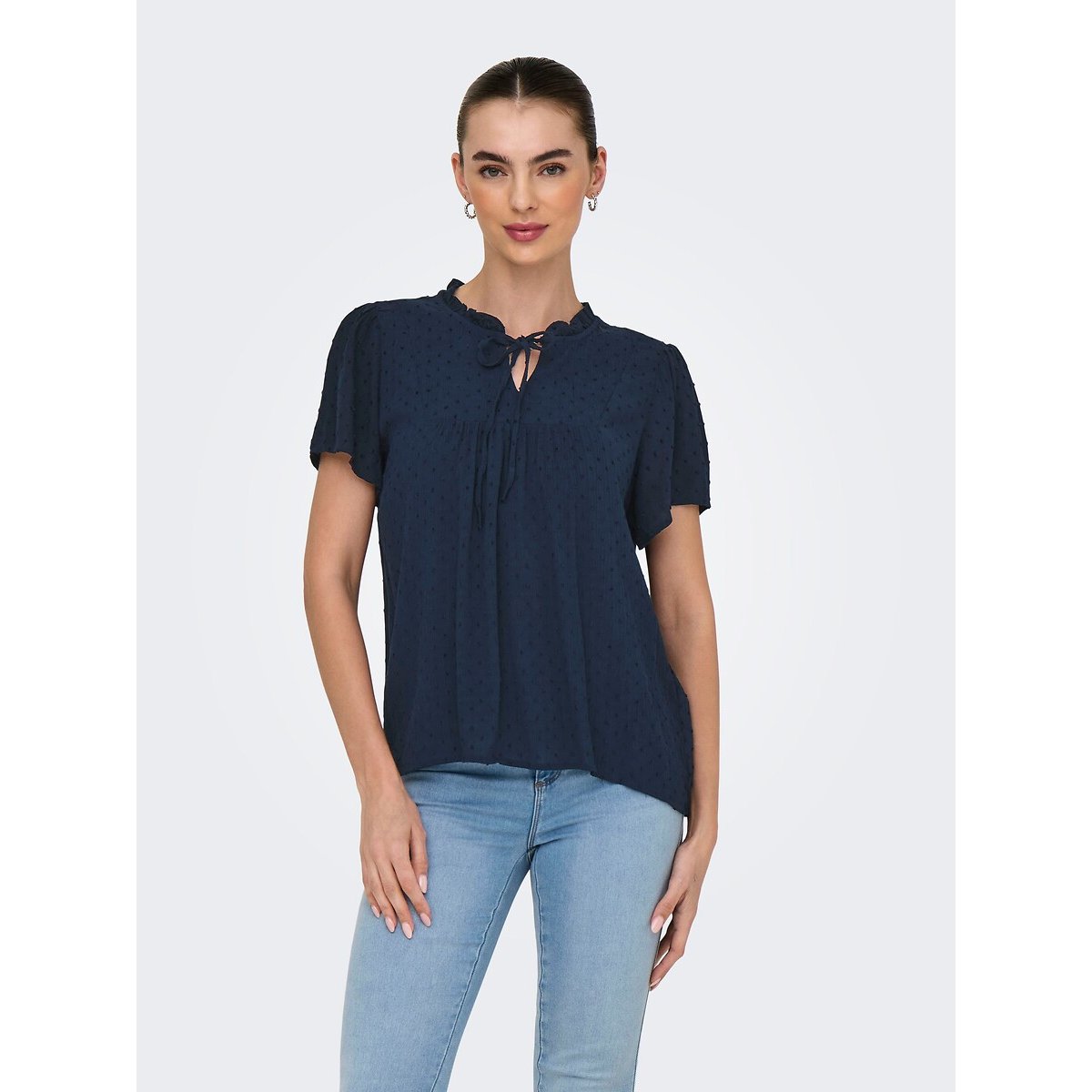 Ruffled Tie-Neck Blouse navy blue, JDY