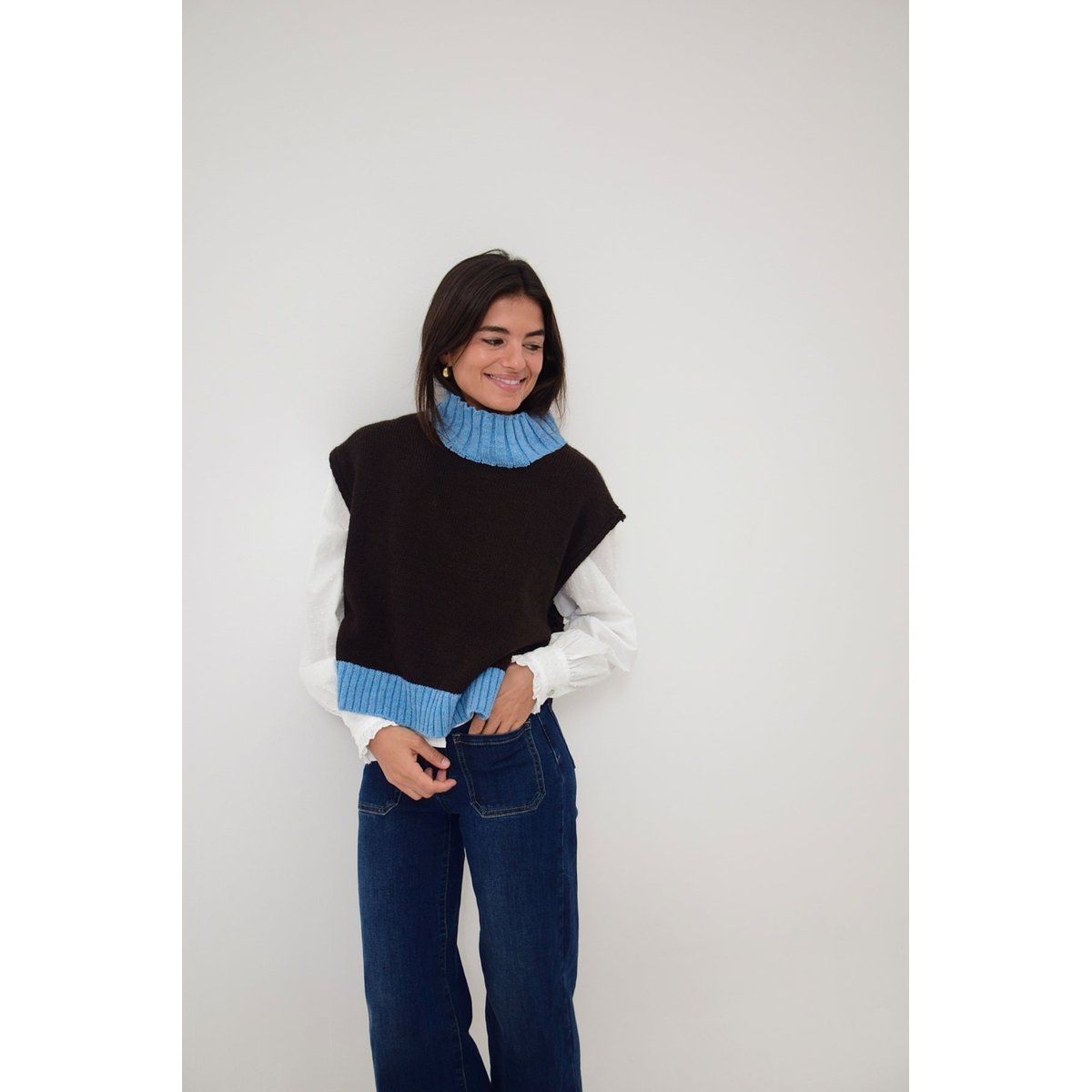 Pull sans manches liens latéraux BRUNA marron / bleu, MINDTRAVELER