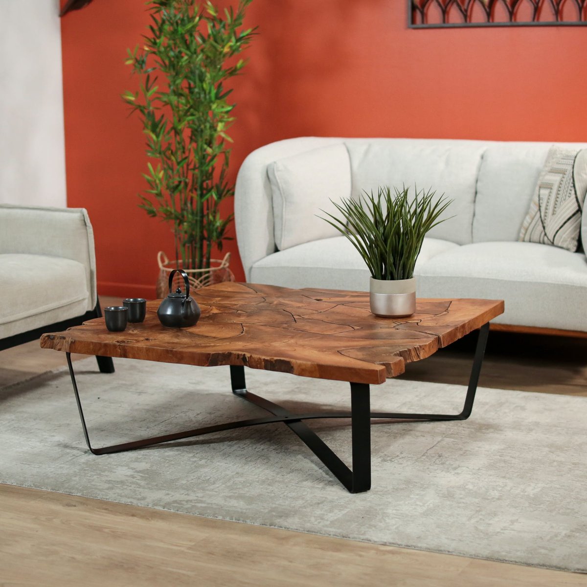 Table basse carrée teck massif recyclé D100 cm BALTIMORE bois naturel, PIER IMPORT