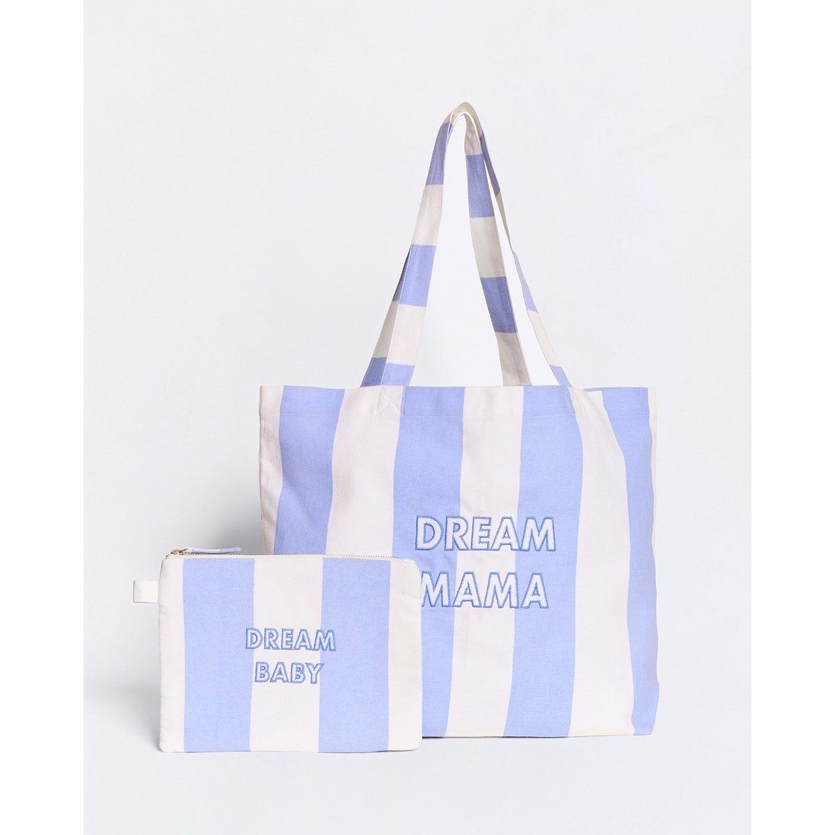 Cabas rayé brodé Dream mama rayures bleues, EMOI EMOI