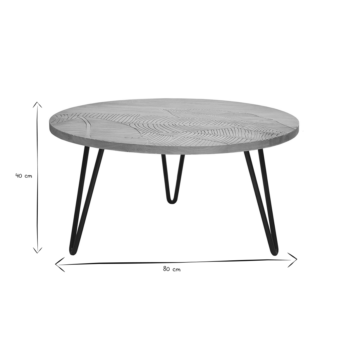 Table basse ronde gravée bois manguier massif et métal noir D80 cm VIBES naturel, MILIBOO