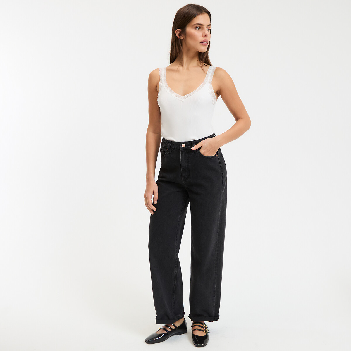 Tanktop met kanten detail en V-hals ivoor, LA REDOUTE COLLECTIONS