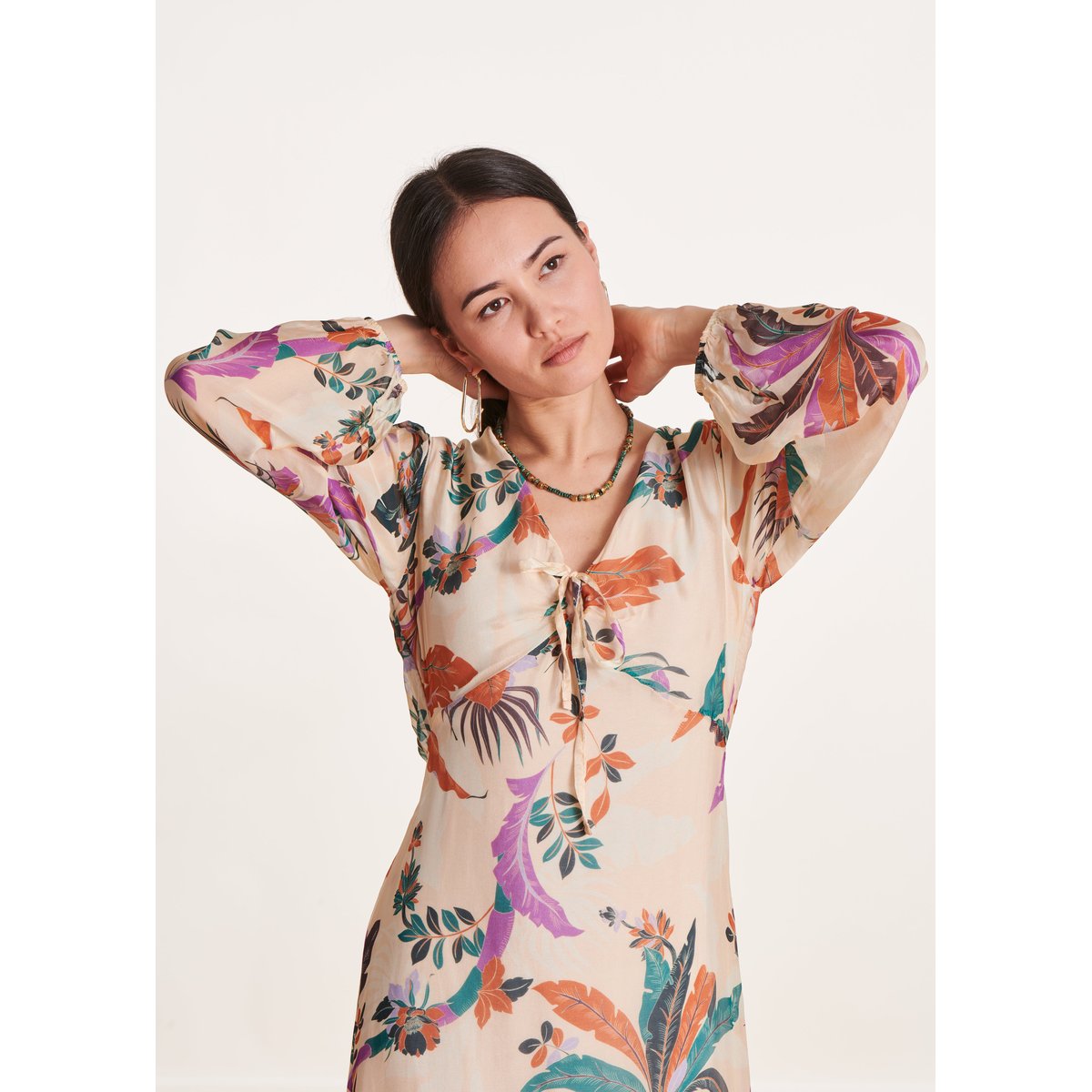 Robe longue en voile viscose/soie à imprimé blush, LA FEE MARABOUTEE