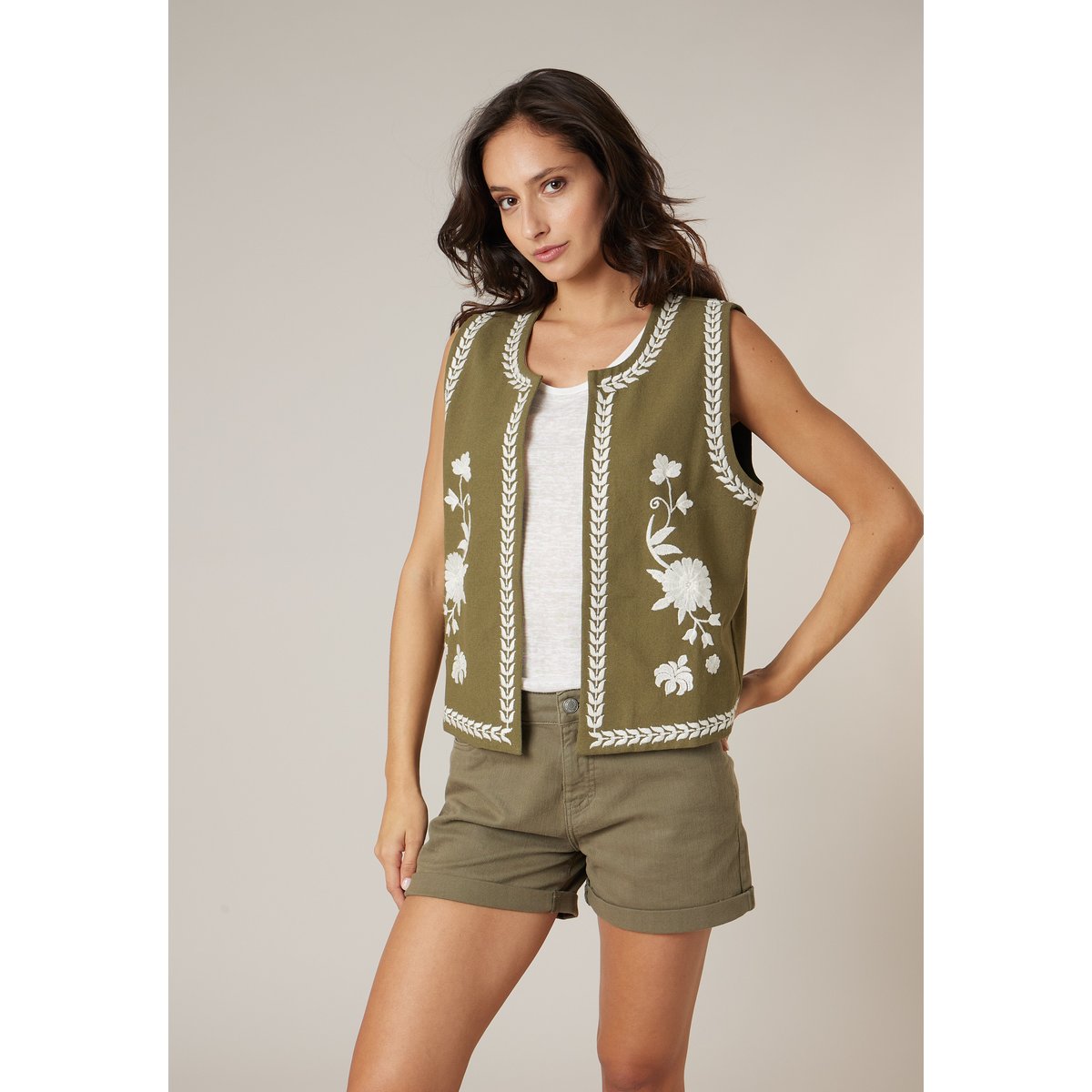 Gilet sans manches femme bohème 100% coton FLORIA khaki, DEELUXE