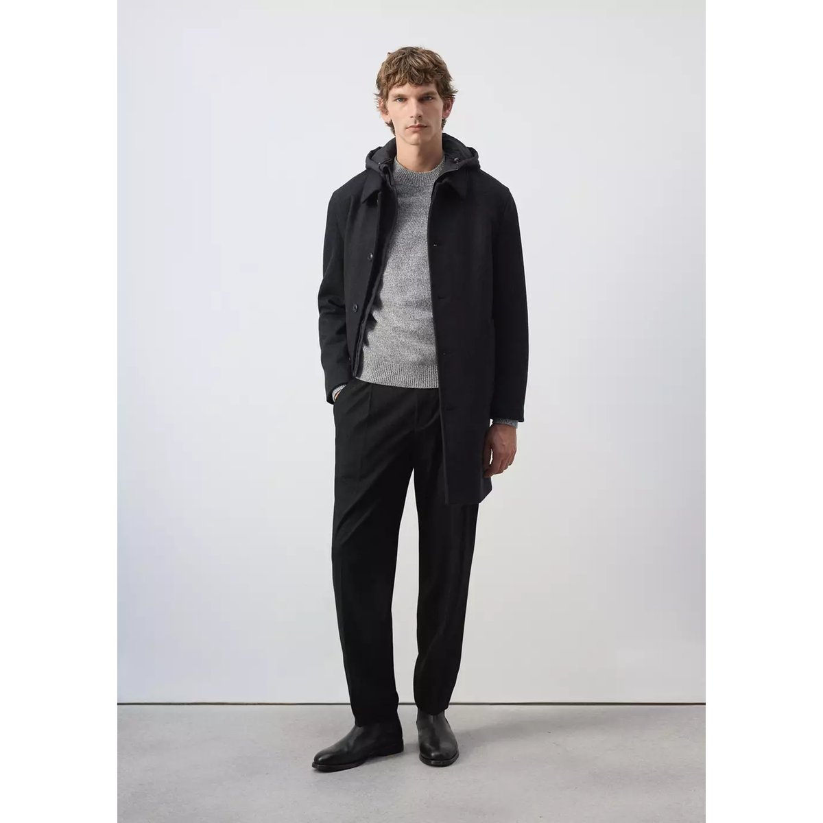 Manteau laine mélangée capuche amovible café, MANGO MAN