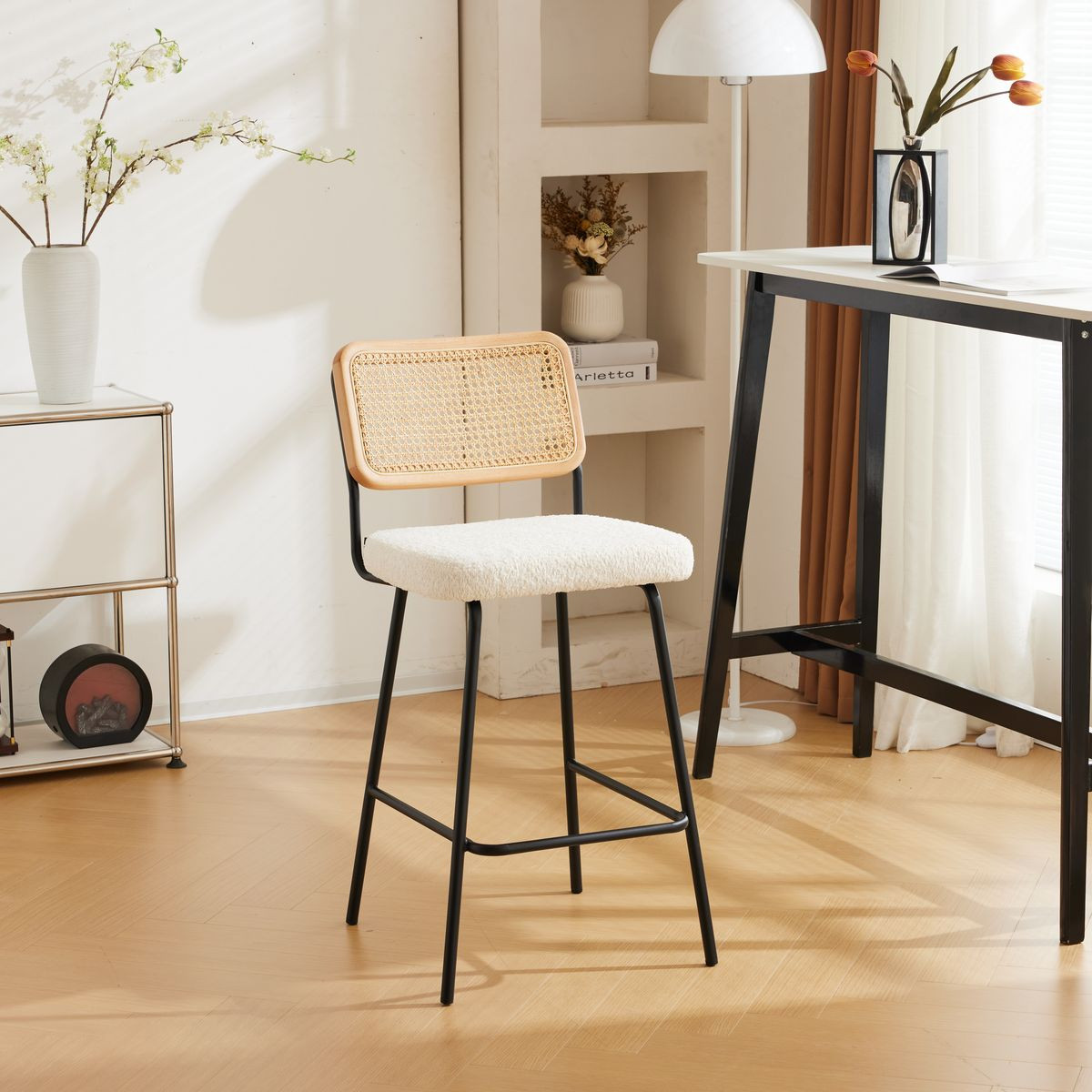 Lot de 2 chaises de bar en cannage et tissu bouclé, piètement noir - MUSE beige, HOMIFAB