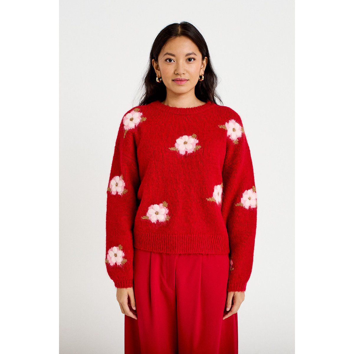 Pull ample col rond manches longues rouge, CACHE CACHE