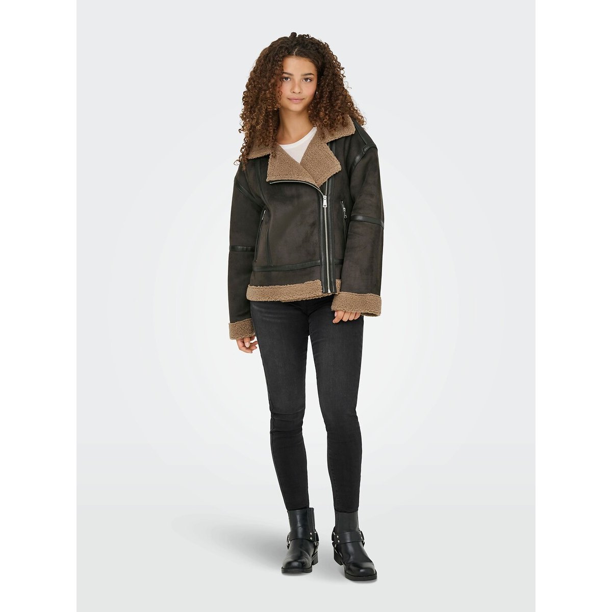 Manteau court esprit motard doublé sherpa chocolat, ONLY