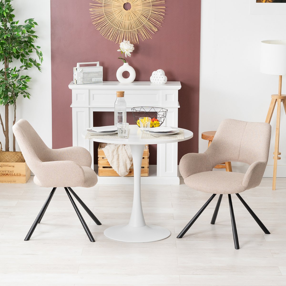 Ensemble de table à manger ronde avec 2 chaises, CLIFTWHITESET blanc et kaki, MEUBLES COSY