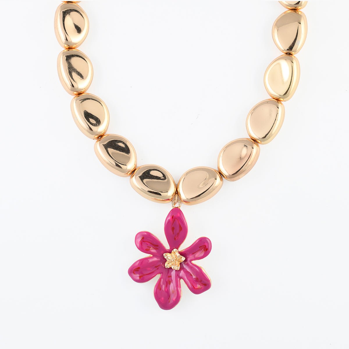 Collier perles dorées pendentif fleur rose fuchsia couleur unique, BALABOOSTE