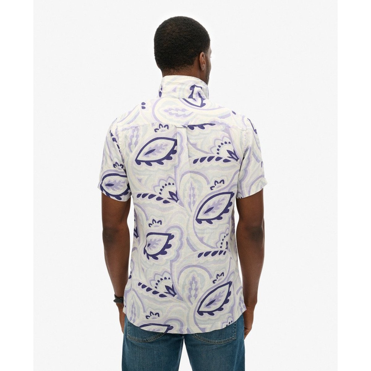 Chemise imprimée en lin à col ouvert imprimé gris laurier, SUPERDRY
