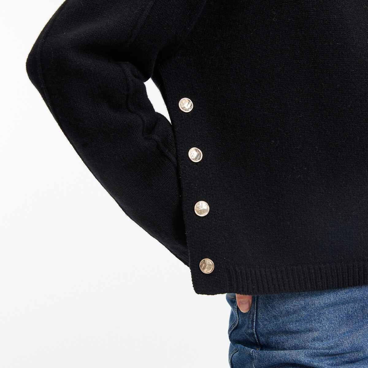 Jersey de cuello redondo de lana con botones en el lateral negro, LA REDOUTE COLLECTIONS