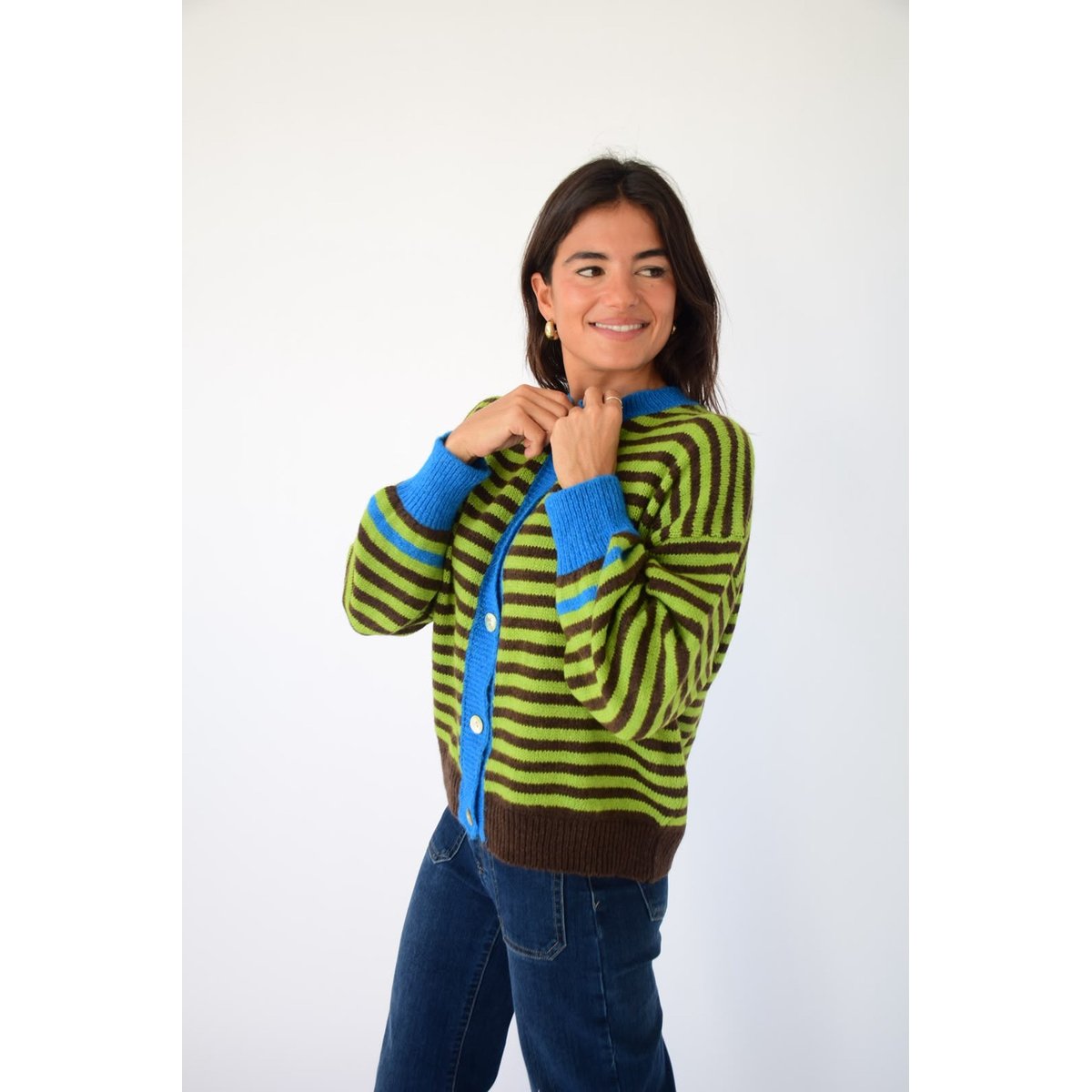Gilet rayé en maille TESSA vert lime / marron, MINDTRAVELER