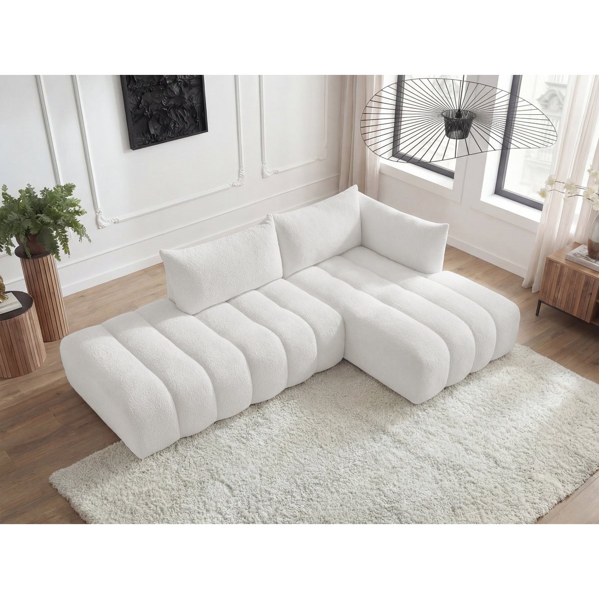 Canapé modulable 4 places en tissu bouclette, AZRA blanc, BOBOCHIC