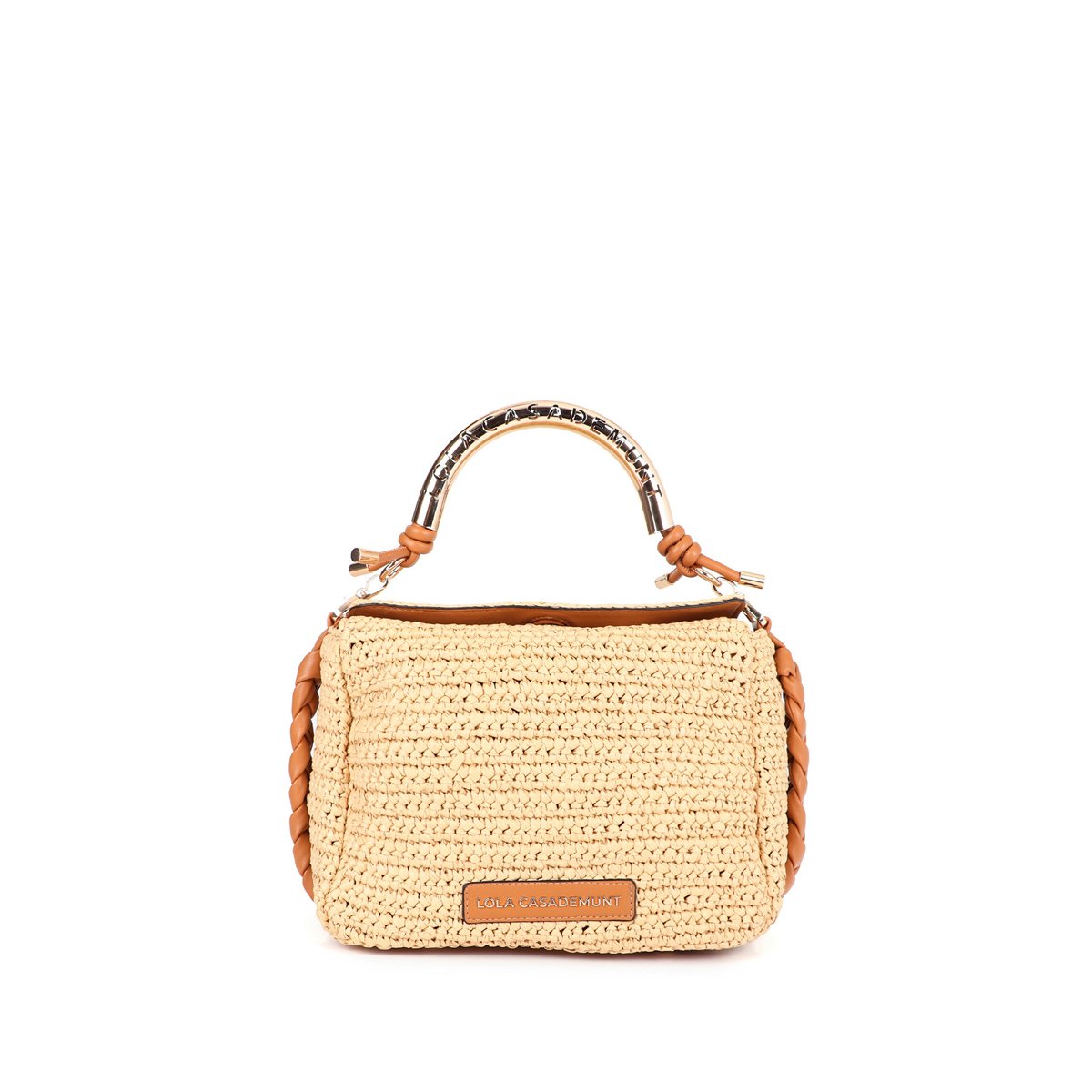 Sac à bandoulière combiné effet raphia avec poignée logo beige clair, LOLA CASADEMUNT