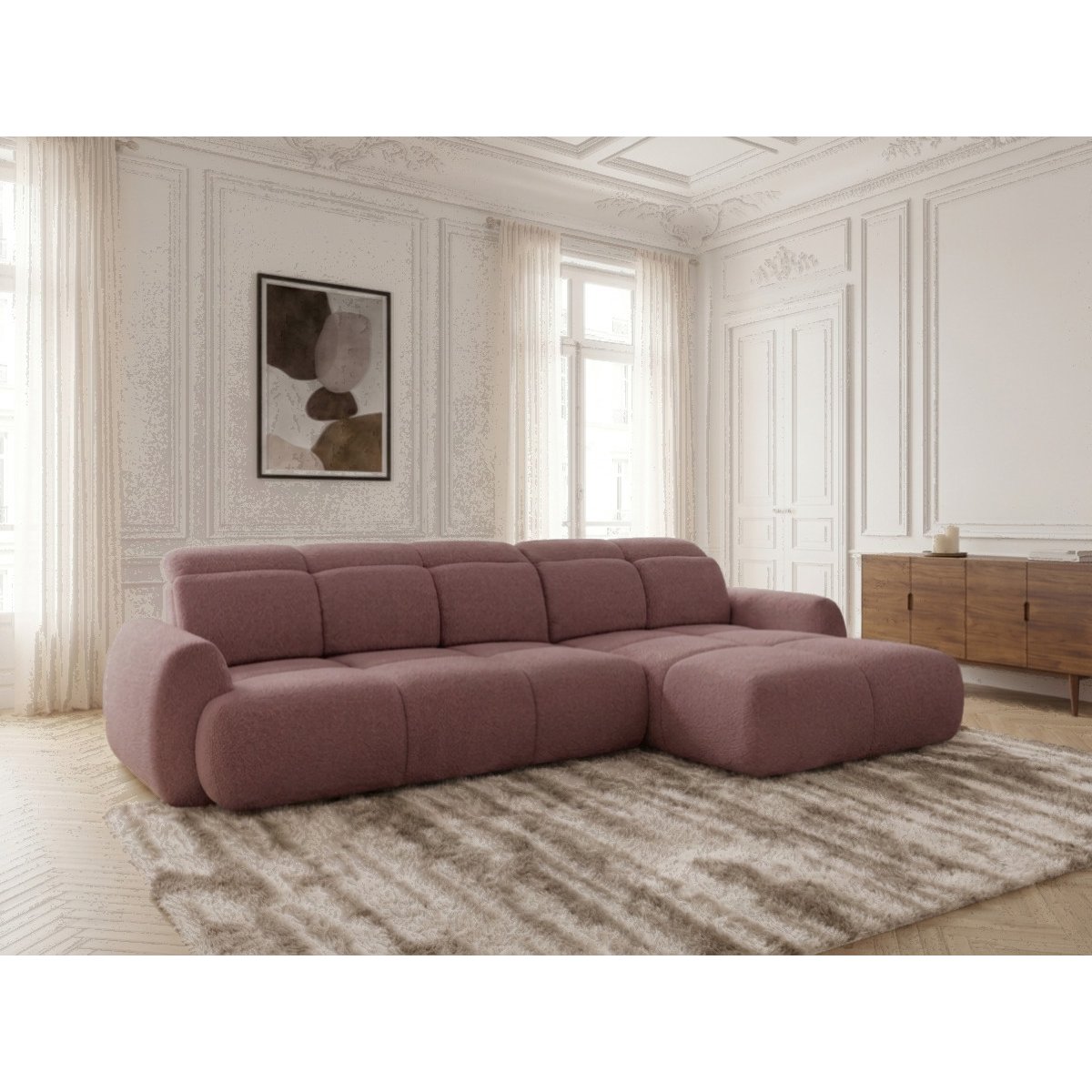 Canapé d'angle convertible 3 places en tissu chenille, RUBY rouge, BOBOCHIC