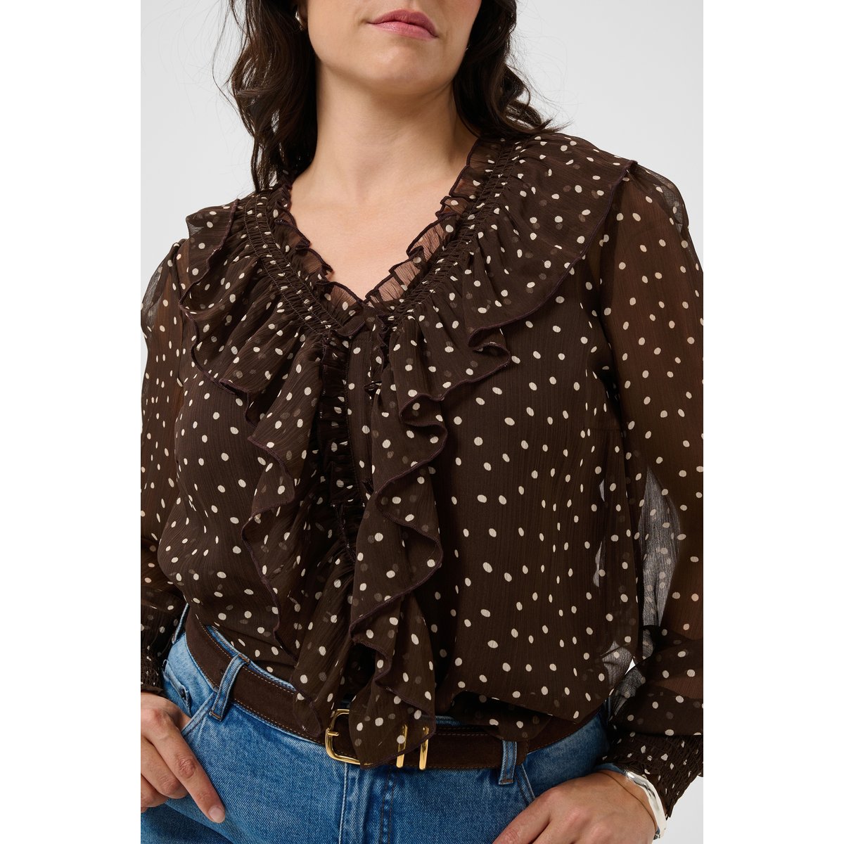 Blouse à manches longues marron coffee bean turtledove dot, KAFFE CURVE
