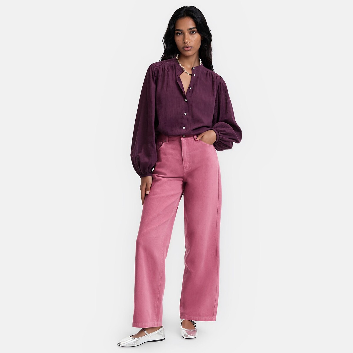 Camisa oversize con cuello mao, Signature LISE violeta ciruela, LA REDOUTE COLLECTIONS
