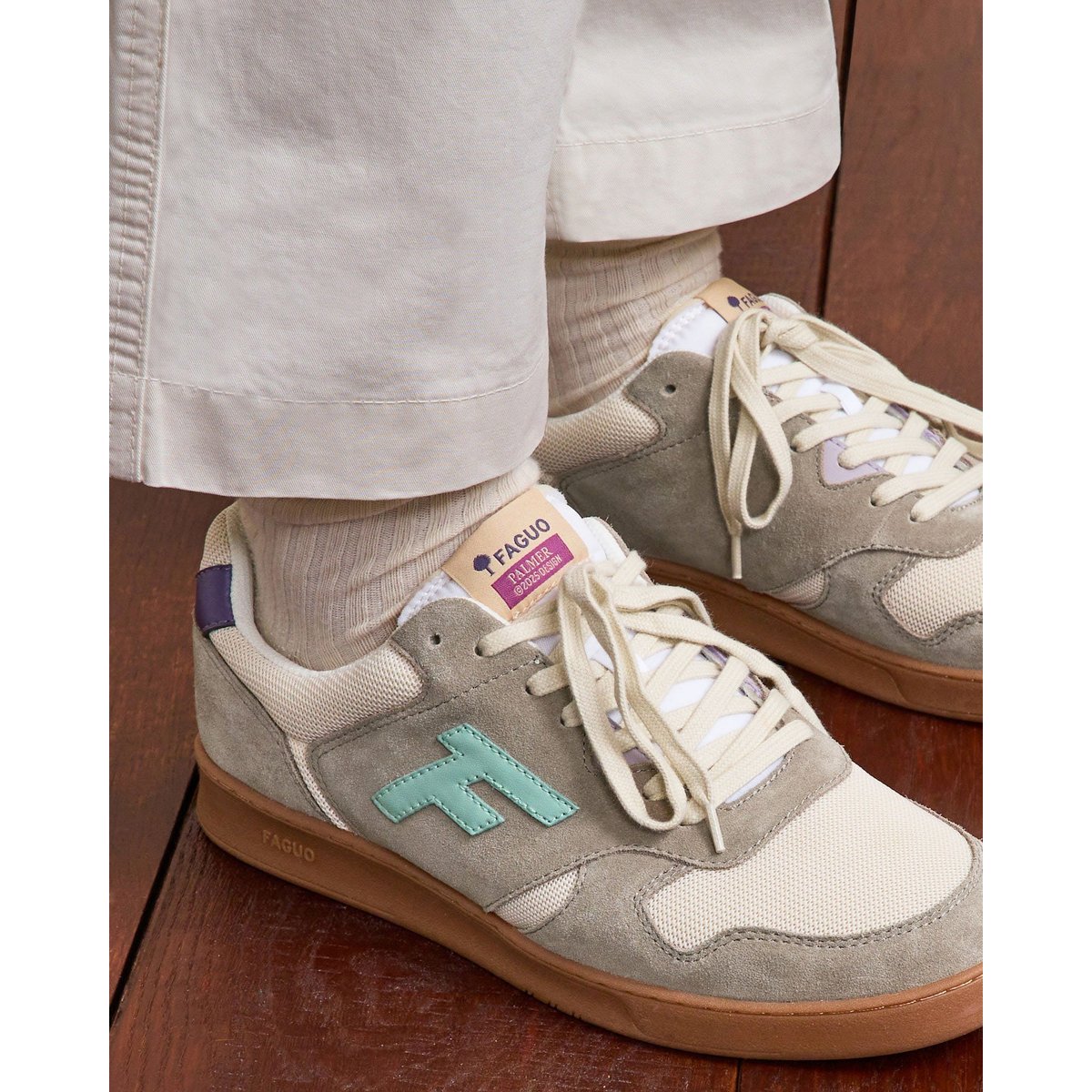 Baskets basses suede tissu PALMER beige et kaki clair, FAGUO