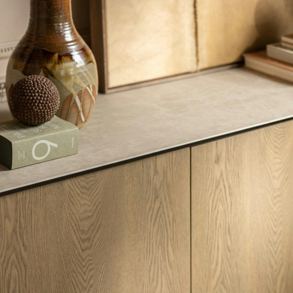 Buffet design céramique et placage chêne 3 portes CALA bois naturel, PIER IMPORT