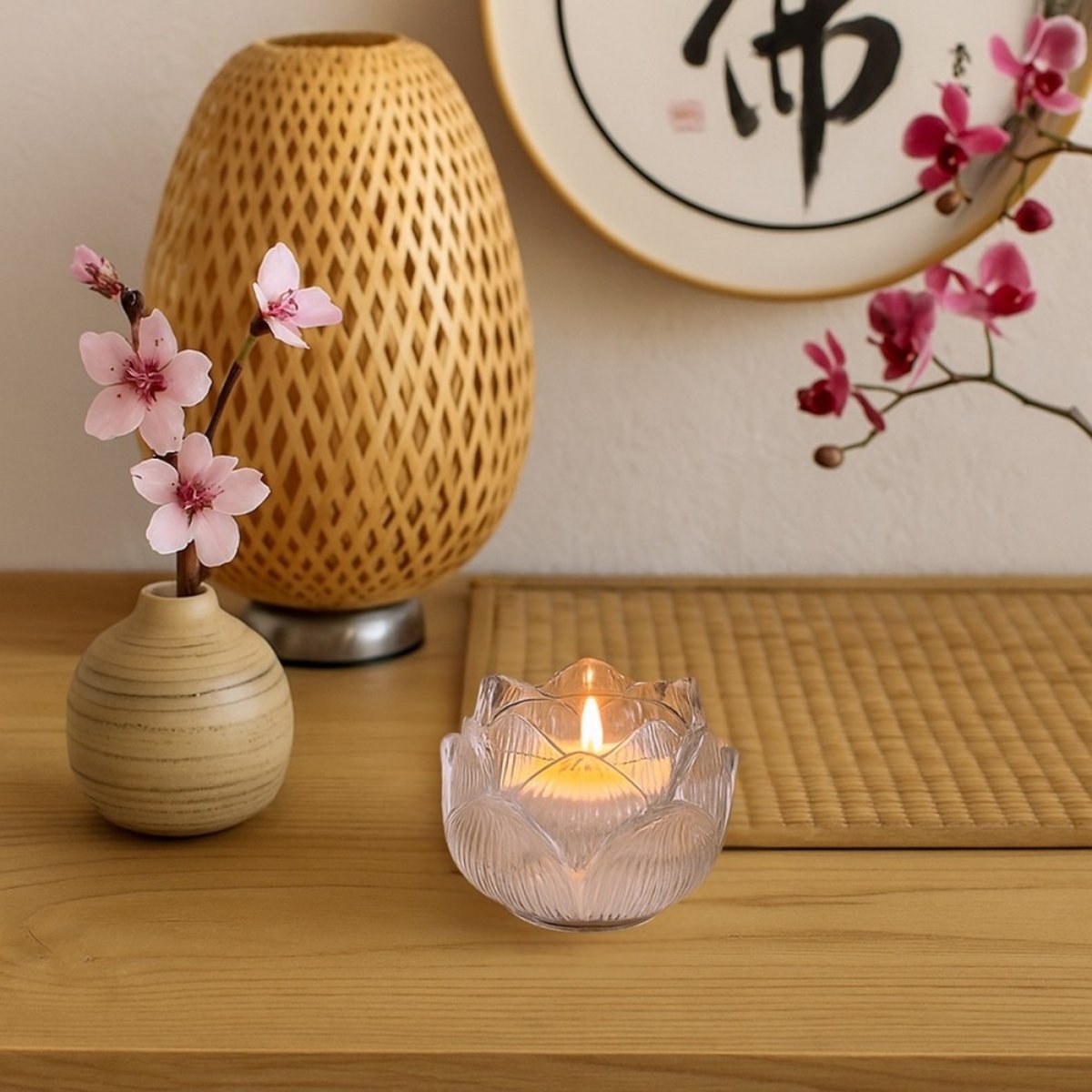Photophore en verre forme fleur 11cm rose, ORNAMI