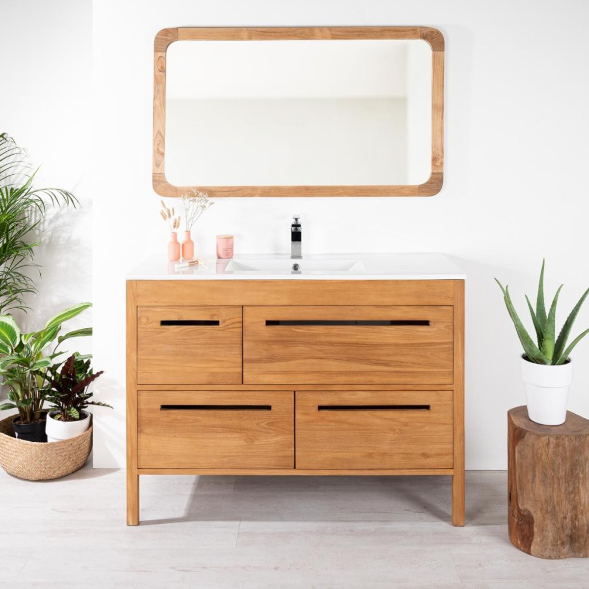 Meuble salle de bain en teck et céramique solo 120 cm SIRA blanc, WANDA COLLECTION