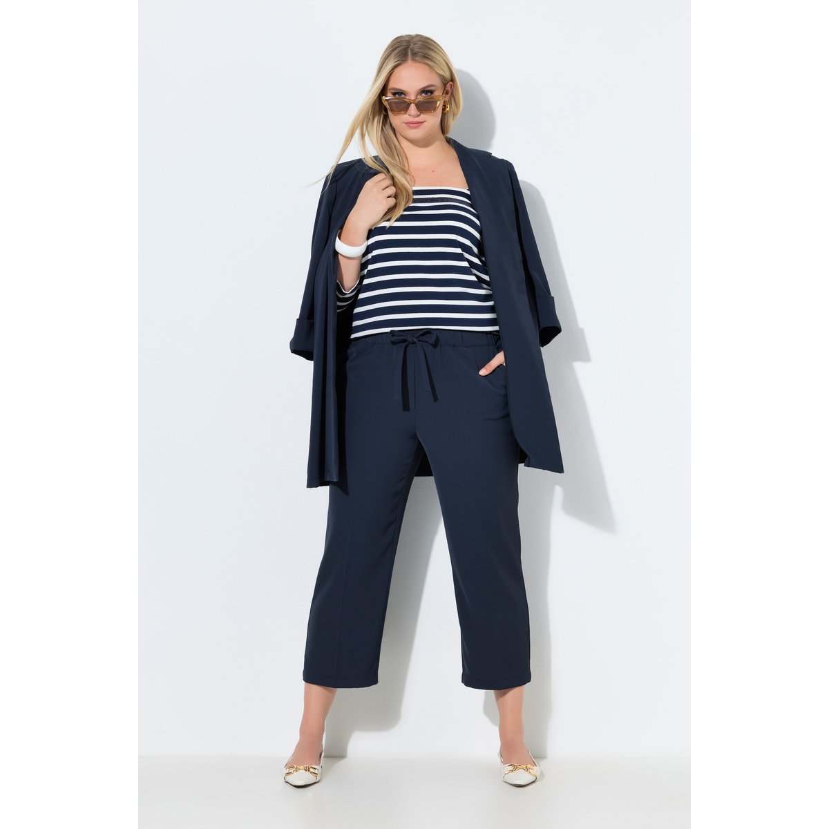 Pantalon 7/8 à pinces. Taille élastique marine, ULLA POPKEN