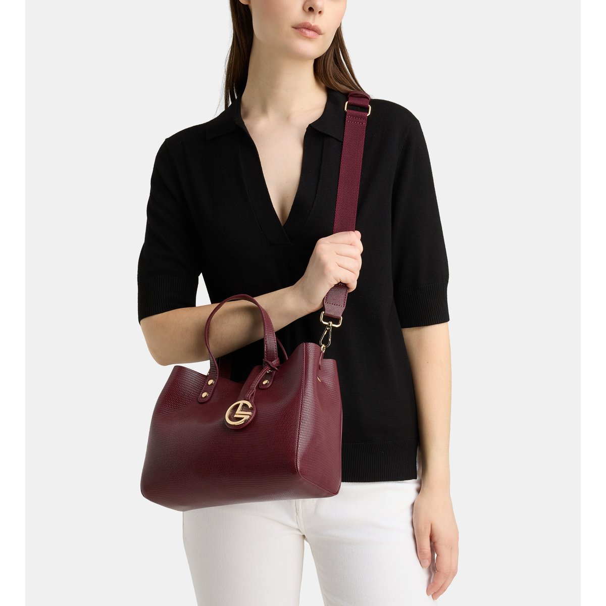 Sac cabas elsa tejus et sa pochette amovible effet lisse souple bordeaux foncé, GALERIES LAFAYETTE