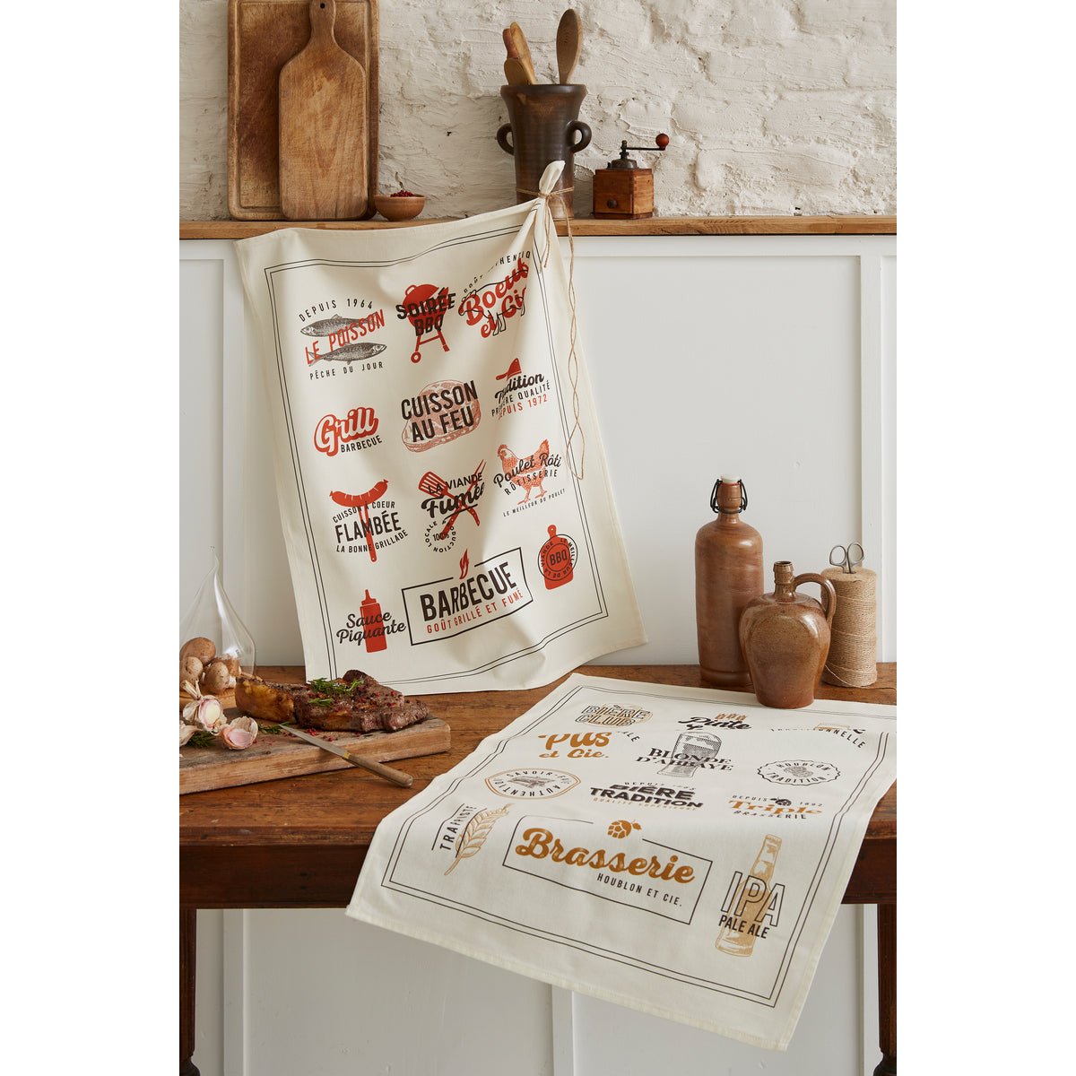 Torchon imprimé en coton GRILLADES blanc, COUCKE